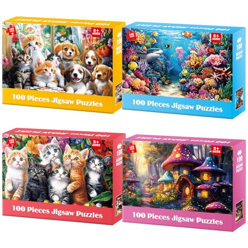 4 Packs 100 Piece Puzzles for Kids Ages 4-6 6-8 8-10, Cats Dogs Sea World Mushroom Large Piece Puzzle for Seniors 100 Pieces Adults Jigsaw Puzzle Learning Educational Xmas Toys for Boys and Girls - style: Cats Dogs Sea World