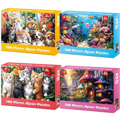 4 Packs 100 Piece Puzzles for Kids Ages 4-6 6-8 8-10, Cats Dogs Sea World Mushroom Large Piece Puzzle for Seniors 100 Pieces Adults Jigsaw Puzzle Learning Educational Xmas Toys for Boys and Girls - style: Cats Dogs Sea World