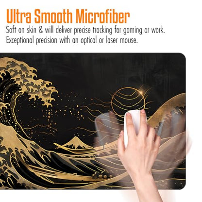 VNDL Large Japanese Black and Gold Gaming Mouse Pad, Sea Waves, Premium Non-Slip Anime Desk Pad for Office, Extended XL XXL Mouse Mat and Laptop Pad, Waterproof and Stiched Edges 31.5 x 15.7 in (wg2) - color: wg2