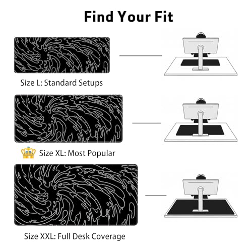 Gaming Mouse Pad L (31.5x11.8in) - Black Abstract Line Art Waves, Dark Japanese Doodle Design - Desk Mat for Gamers - color: Black Ink Waves, size: 11.8x31.5''