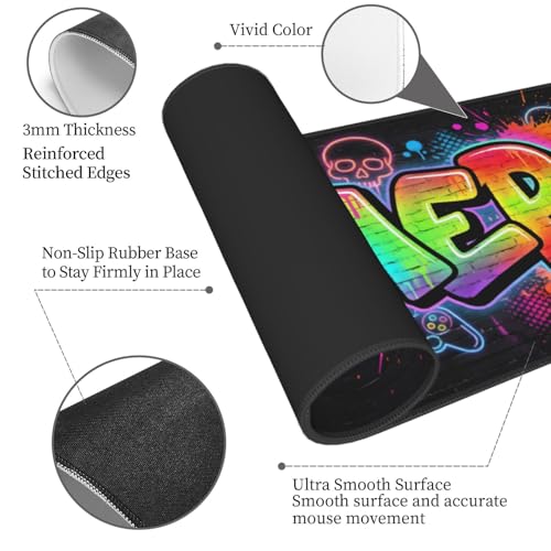 Colorful Graffiti Gamer Gaming Mouse Pad, Large Extended Desk Mat (31.5x11.8 in), Non-Slip Rubber Base Stitched Edges Mousepad for Office Gaming - color: 20