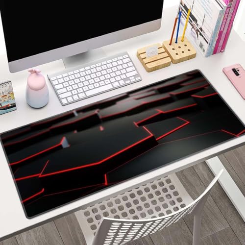 Gaming Mouse Pad Large, Keyboard Mouse Mat Desk Pad, Non-Slip Rubber Base with Stitched Edges Mousepad, 31.5X11.8 inch Abstract Black Hexagon Background with Red Line - color: Abstract Black Hexagon