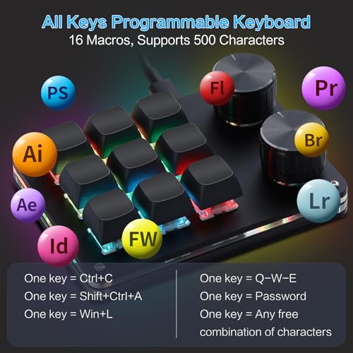 Koolertron Macro Programmable Keypad, One Handed Programmable Mechanical Keyboard, RGB Blue Switch Hot Swappable, 9 Keys 2 Knob Backlit Keypad for Working and Gaming, Black - size: 9-key (2 Knob)