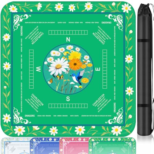 Crease-Free Mahjong Learning Mat 33.1" x 33.1", American Mah Jongg Mat with Rules, Quiet Non-Slip Large Mahjong Table Cover, Floral Gaming Mats for Mahjong, Poker, Dominoes & Board Games (Fresh Green) - color: Fresh Green