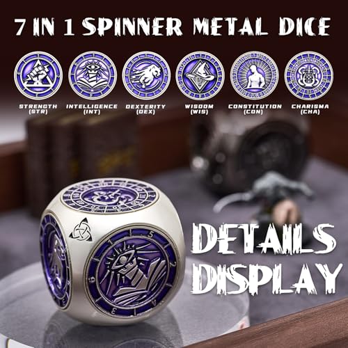 7-in-1 메탈 DND 주사위 스피너 큐브, 테이블 탑 RPG용 3D 릴리프, 던전 마스터 및 플레이어를 위한 선물 상자 (매트 퍼플) - color: 매터 퍼플