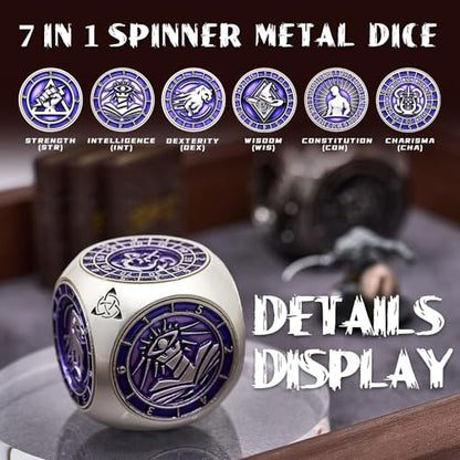 7-in-1 메탈 DND 주사위 스피너 큐브, 테이블 탑 RPG용 3D 릴리프, 던전 마스터 및 플레이어를 위한 선물 상자 (매트 퍼플) - color: 매터 퍼플