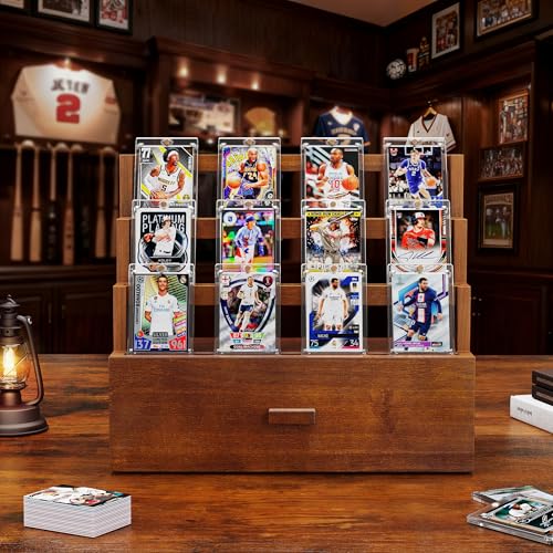 Emfogo Trading Card Display, 3-Tier Card Display Case with Custom Drawer, Wood Graded Card Display with Supporters and Dividers, Sports Card Display Case for Collection (Walnut) - color: Walnut