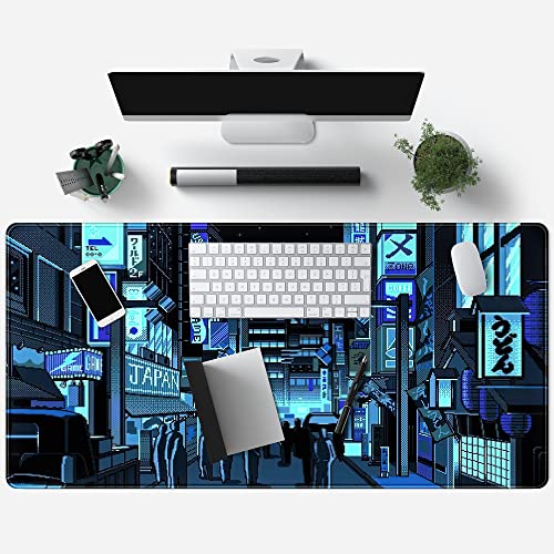 Japanese Gaming Arcade Blue Large Gaming Mouse Pad Keyboard Desk Pad Extended Mouse Pad Gaming Office Decor, Pc Laptop Mouse Pads Large (31.5x15.7 in) with Stitched Eges Non-Slip Base Mousepad XXL - color: Pixel Game Scenery