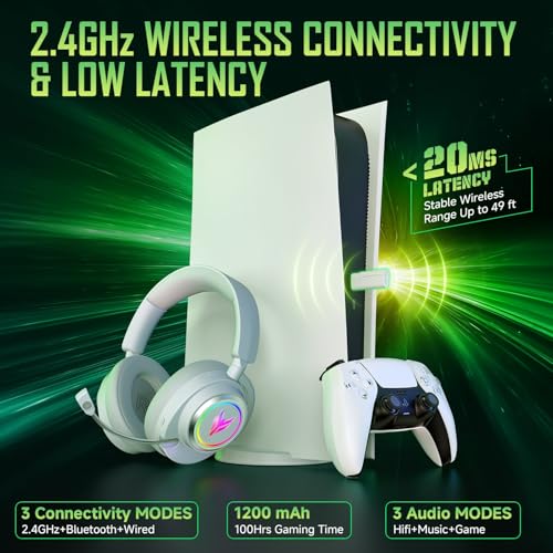 Wireless Gaming Headset with RGB Lights & 3 Audio Modes for PS5 PS4 PC | 100H Battery, 2.4GHz USB/Type-C & Bluetooth 5.4, 7.1 Surround Sound, Noise Cancelling Mic for Switch Mac
