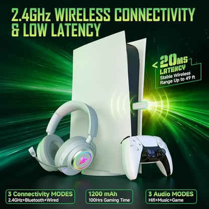 Wireless Gaming Headset with RGB Lights & 3 Audio Modes for PS5 PS4 PC | 100H Battery, 2.4GHz USB/Type-C & Bluetooth 5.4, 7.1 Surround Sound, Noise Cancelling Mic for Switch Mac