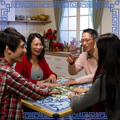Chinoiserie Mahjong Mat with 1 Carrying Bag 31.5" x 31.5" Blue and White Rubber Anti Slip and Noise Reduction Multi Purpose Game Table Cover for Card, Board Tile Games - color: Blue