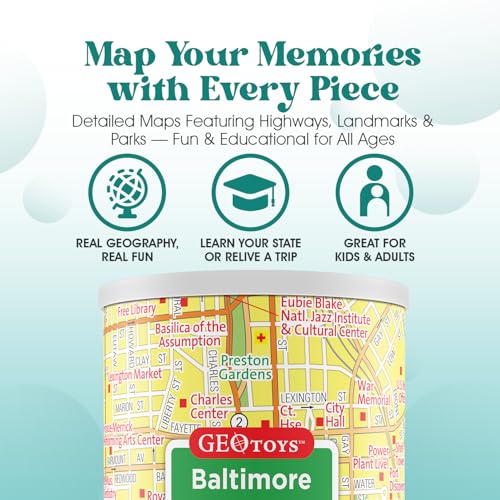 Geotoys Baltimore Mini City Puzzle - 100 Piece Puzzles for Kids and Adults in Portable Can, 13" x 10" Educational Travel Puzzle for Ages 7 and Up - Mini Puzzles to Learn & Explore Geography - style: Baltimore