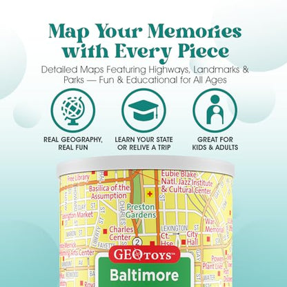 Geotoys Baltimore Mini City Puzzle - 100 Piece Puzzles for Kids and Adults in Portable Can, 13" x 10" Educational Travel Puzzle for Ages 7 and Up - Mini Puzzles to Learn & Explore Geography - style: Baltimore