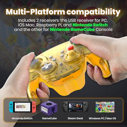 2 Pack Wireless GameCube Controller for Switch 1/2, NGC Console, 2.4 GHz | (Built-in Vibration) (Rechargeable) (Analog Triggers / Stick), Compatible with Switch Online, Windows PC, macOS(Clear Yellow) - color: Two Pack Clear Yellow