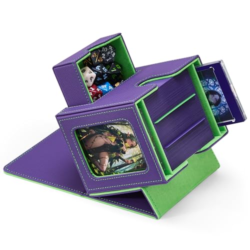 MTG Commander Deck Box with Dual Display Windows and Dice Tray | Fits 100 Double-Sleeved Cards, PU Leather, 2 Magnetic Card Holders, 2 Dividers, Purple & Neon Green - color: 1. Purple & Neon Green