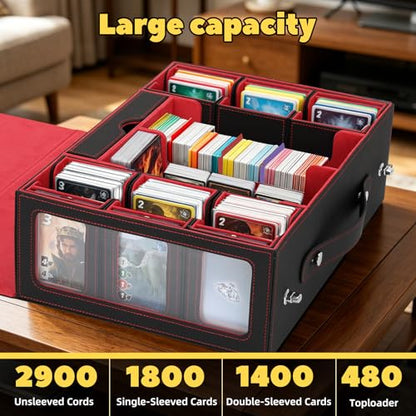 MTG Commander Deck Box with Handle, 6Removable Boxes,2-Row Case & Dice Tray | 9-in-1 Large Card Storage Box, Holds 1400+ Double-Sleeved Cards, Display Window,Mag Holders, Latch Closure,Fit TCG/EDH,Red - color: Red