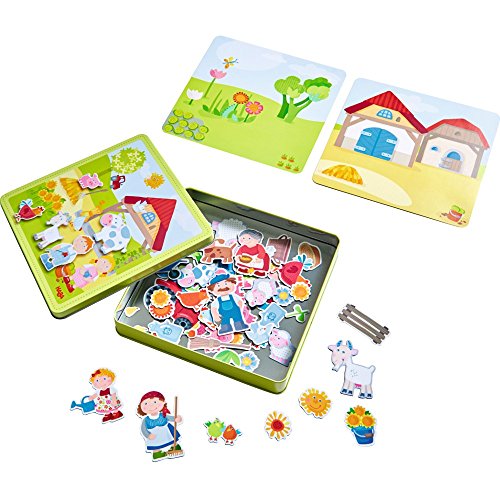 HABA Peter and Pauline Farm Animal Magnetic Activity Set, Toddler Busy Board & Toddler Car Activities with 4 Background Scenes for Travel & Learning Fun for Ages 3+ - color: Green - Day on the Farm