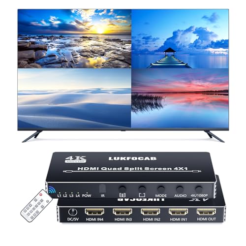 HDMI Multi-Viewer 4X1, Seamless Switcher 4 in 1 Out, Quad Multi Viewer Switcher with IR Remote, Supports 4K 30Hz, 5 Display Modes for Security Camera, Gaming Consoles