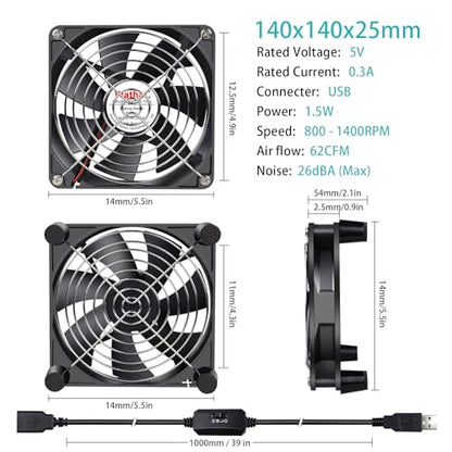 Wathai 140mm USB PC Case Computer Cooliing Fan 5V with Speed Controller | 140mm x 25mm USB Fan for Computer Case Receiver DVR PlayStation Xbox PS4 Router Cabinet Cooling - style: 140mm USB Fan