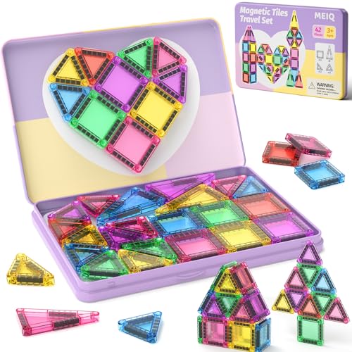 42PCS Magnetic Tiles Travel Storage Mini STEM Blocks Iron Box 3-8 | Portable Montessori educational magnetic building tiles for airplane, car rides & on-the-go creative play, durable and fun - size: 42 Pieces