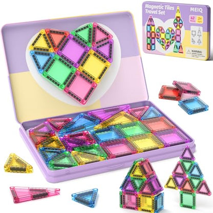 42PCS Magnetic Tiles Travel Storage Mini STEM Blocks Iron Box 3-8 | Portable Montessori educational magnetic building tiles for airplane, car rides & on-the-go creative play, durable and fun - size: 42 Pieces