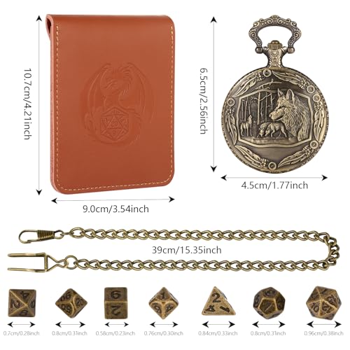 Wolf Pocket Watch Dice Set with Leather Bag, DND Starter Set, Mini Dice Kit - color: Wolf Dice Set