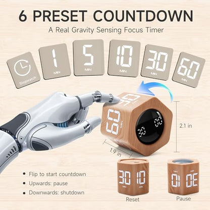 Productivity Timer 1, 5, 10, 30, 60 Minutes Preset, Desk Cube Timer with Gravity Sensor/Mute/Vibration for ADHD, Work, Study, Kitchen, Back to School (Wood Grain) - color: Wood Grain