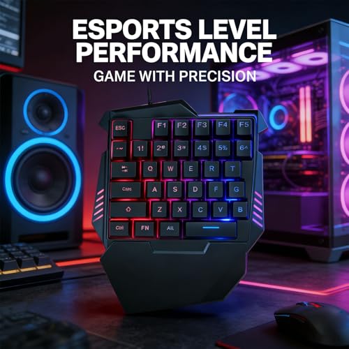 Fabater One Handed Gaming Keyboard, 35 Keys, Rainbow LED, Wired USB, Ergonomic with Wrist Rest, Mini Portable, Compatible with PC Laptop