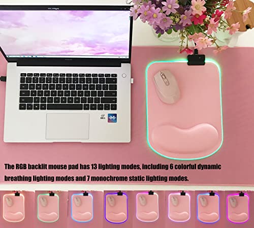 RGB LED Wrist Support Mouse Pad with 13 Lighting Modes, Anti-Slip Rubber Base, Ergonomic for Gaming, Office, Home - 11.8 x 8.5 in (Pink) - color: Pink