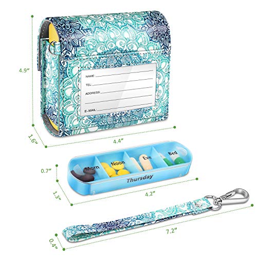 FINPAC Weekly Pill Organizers 4 Times A Day, Slide Open PU Leather Case Travel Pill Vitamin Medicine Reminder and Planner with Name Card for Morning| Afternoon| Evening| Bedtime (Emerald Illusions) - color: Emerald Illusions