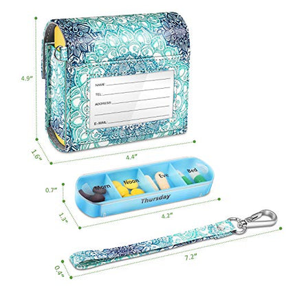 FINPAC Weekly Pill Organizers 4 Times A Day, Slide Open PU Leather Case Travel Pill Vitamin Medicine Reminder and Planner with Name Card for Morning| Afternoon| Evening| Bedtime (Emerald Illusions) - color: Emerald Illusions