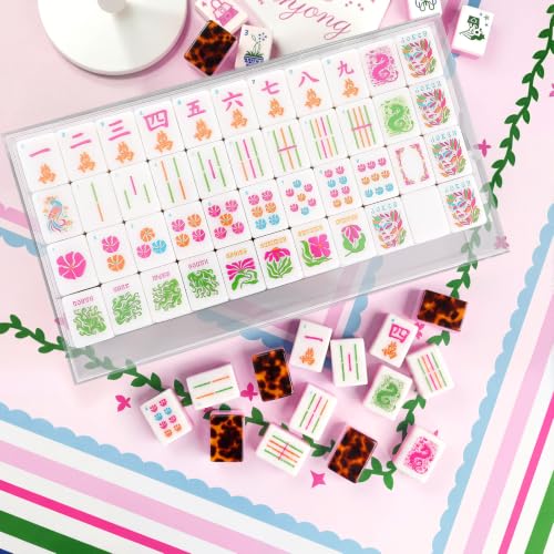 Soulchen 160 Tortoise Kaleidoscope American Mahjong Tile Set with Acrylic Storage Box & Dice 1.2" 3D Engraved Tiles for Adults Friends Family Game Night Mahjong Travel Size Chinese Game Gifts - style: Tortoiseshell