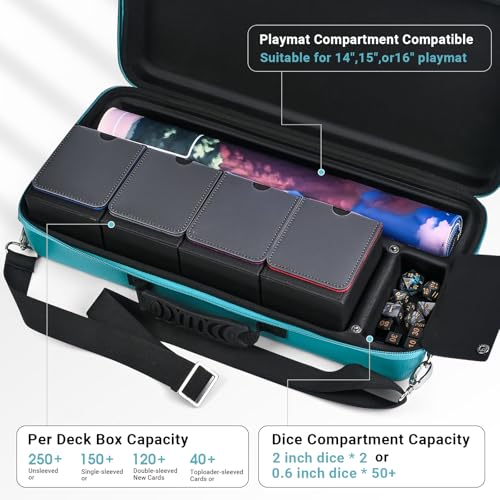 Playmat & Deck Box Carrying Case With 4 Deck Boxes, Rigid, Teal | 3 compartments for playmat, deck box & dice. Fits 14"-16" playmats. Adjustable shoulder strap & handle included. - color: Teal, size: Case