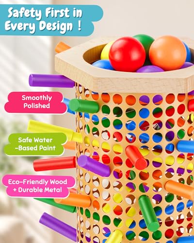 Easy-Setup Wooden Stick Montessori Tower Game for Kids 3-8 | Flexible 544-Hole Layout, Shaped No-Slip Slots, 42 Color Rods, 12 Balls, Storage Bag Included, Family Night, Ideal Gift