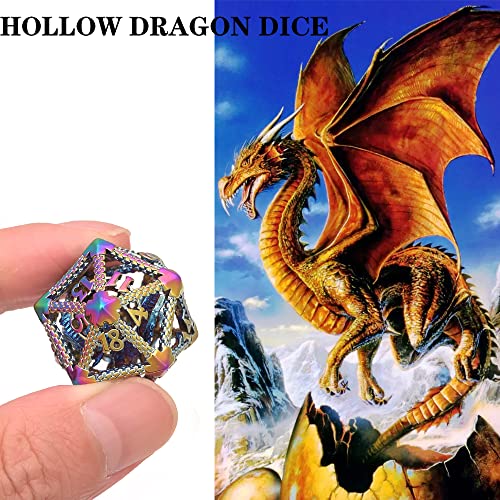 Hollow DND Dice Set, Metal Dice Premium 7-Die Polyhedral Dice Set for Dungeons Dragons D&D, RPGs, MTG, and Board Games (3D Dragon Rainbow White Number) - color: 3d Dragon Rainbow White Number