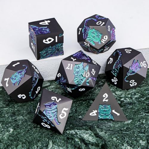 Metal DND Cat Dice 7PCS Polyhedral RPG Dice Set with Gift Case for Dungeons Dragons Role Playing Game, D and D Dice D6 D8 D10 D12 D20 D% (Purple Green) - color: Cat-purple Green&black