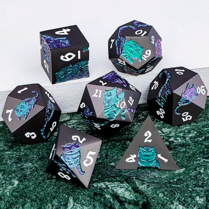 Metal DND Cat Dice 7PCS Polyhedral RPG Dice Set with Gift Case for Dungeons Dragons Role Playing Game, D and D Dice D6 D8 D10 D12 D20 D% (Purple Green) - color: Cat-purple Green&black
