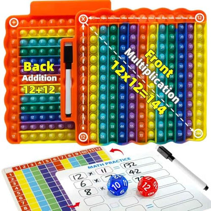 Multiplication & Addition Math Board with Dice, Reusable Writing Practice Board for Kids, Double-Sided 12x12 Times Table & Addition Learning Toy, Sensory Math Game for Classroom & Homeschool