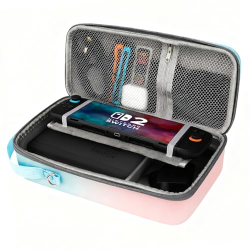 FIWWAT Carrying Case for Nintendo Switch 2 2025, 12 Game Card Slots, Large Capacity Hard Travel Protective Case for Switch 2 Console Accessories Pro Controller, Dock, Pink&Blue - color: Pink-Blue Gradient