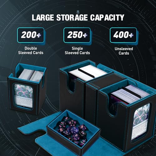 TiMOVO MTG Deck Box, Magnetic Trading Card Storage Case, Black Cyan | Holds 400+ Sleeveless Cards, 4 Dividers & Dice Tray, 2 Detachable Commander Card Deck Boxes, For Magic Game Cards - color: Black Cyan