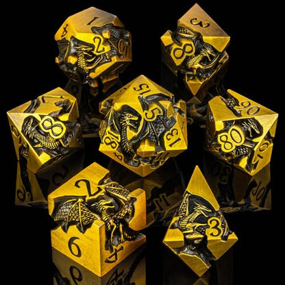 Roycevon Relief Dragon DND Dice Set for Role Playing Game, 7Pcs Metal D&D Dice Set Dungeons Dragons with Gift Box, Polyhedral D and D Dice D20 D12 D10 D8 D6 D4, Gold - color: Gold