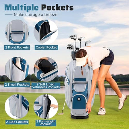 Goplus Lightweight Golf Cart Bag, Molded Lock Top Golf Club Bag w/14-Way Full Length Organizer Dividers, 11 Pockets, Cooler Bag, Straps, Umbrella Holder & Rain Hood for Men Women - color: Grey+Navy