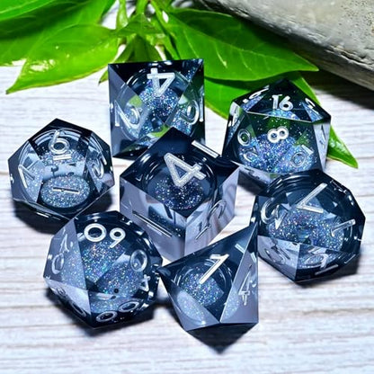 Resin Dice Set,Dragon and Dungeon Polyhedral Metal Dice, Punk Style Role-Play RPG Explorer MTG Pioneer Game DND Dice Set - color: Black Sand-white Text