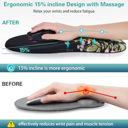 Canjoy Mouse Pad with Wrist Rest, Ergonomic Wrist Support with Massage | Ergonomic Massage Design & Relax and Relieve Fatigue & Non-Slip & PU Base, Comfortable Computer Mousepad for Office Home - color: Flowers & Weeds