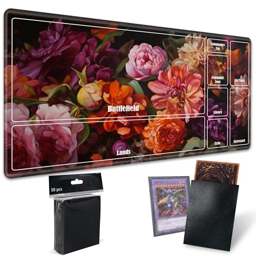 Board Game Mat TCG Playmat Plus 50 Pcs Card Sleeves, 24 x 14 inches Table Mats Games Mousepad with Zones Smooth Surface for MTG RPG CCG Trading Card Game Play Mats, Canvas Flower - color: Canvas Flower, size: Zone 1