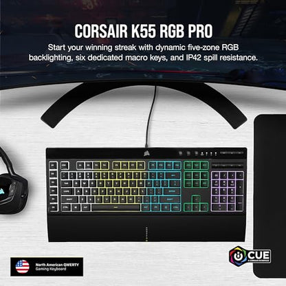 Corsair K55 RGB PRO Membrane Wired Gaming Keyboard – QWERTY US Layout, IP42 Dust and Spill-Resistant – 6 Macro Keys with Elgato Integration – iCUE Compatible – PC, Mac, Xbox – Black - color: Black, style: K55 RGB PRO