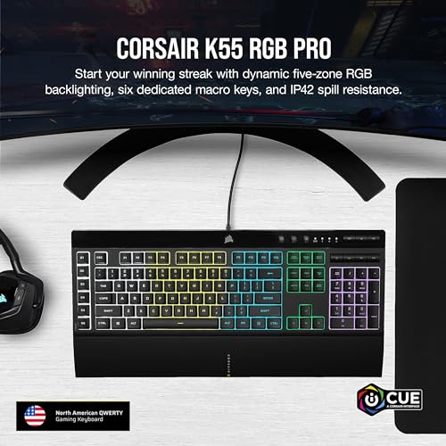 Corsair K55 RGB PRO Membrane Wired Gaming Keyboard – QWERTY US Layout, IP42 Dust and Spill-Resistant – 6 Macro Keys with Elgato Integration – iCUE Compatible – PC, Mac, Xbox – Black - color: Black, style: K55 RGB PRO