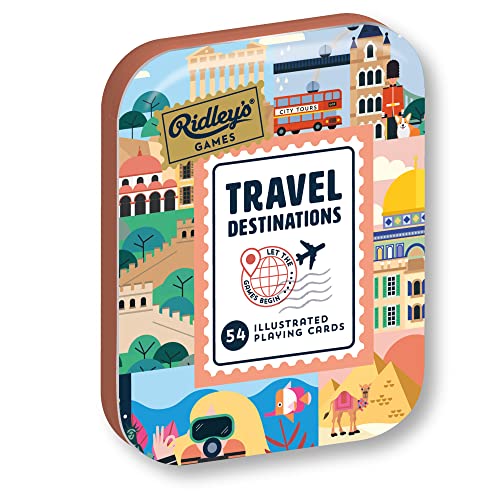 Ridley's Games: Travel Destinations Playing Cards | Full Deck of Cards with 54 Unique Travel Destinations | Travel Fun Facts on All Cards for Travel Lovers | Storage Tin Included - style: Travel Destinations Playing Cards
