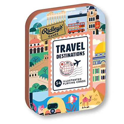 Ridley's Games: Travel Destinations Playing Cards | Full Deck of Cards with 54 Unique Travel Destinations | Travel Fun Facts on All Cards for Travel Lovers | Storage Tin Included - style: Travel Destinations Playing Cards