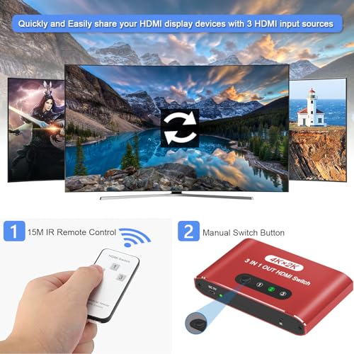 HDMI Switch 3 in 1 Out, 4K@60Hz HDMI Selector with Remote Control, 3 Ports HDMI Switcher, Perfect for Full HD 4K 1080P 3D Video Roku Fire TV Blu-ray Players Stick Apple PS4/PS5 Xbox Chromecast (Red) - color: Red